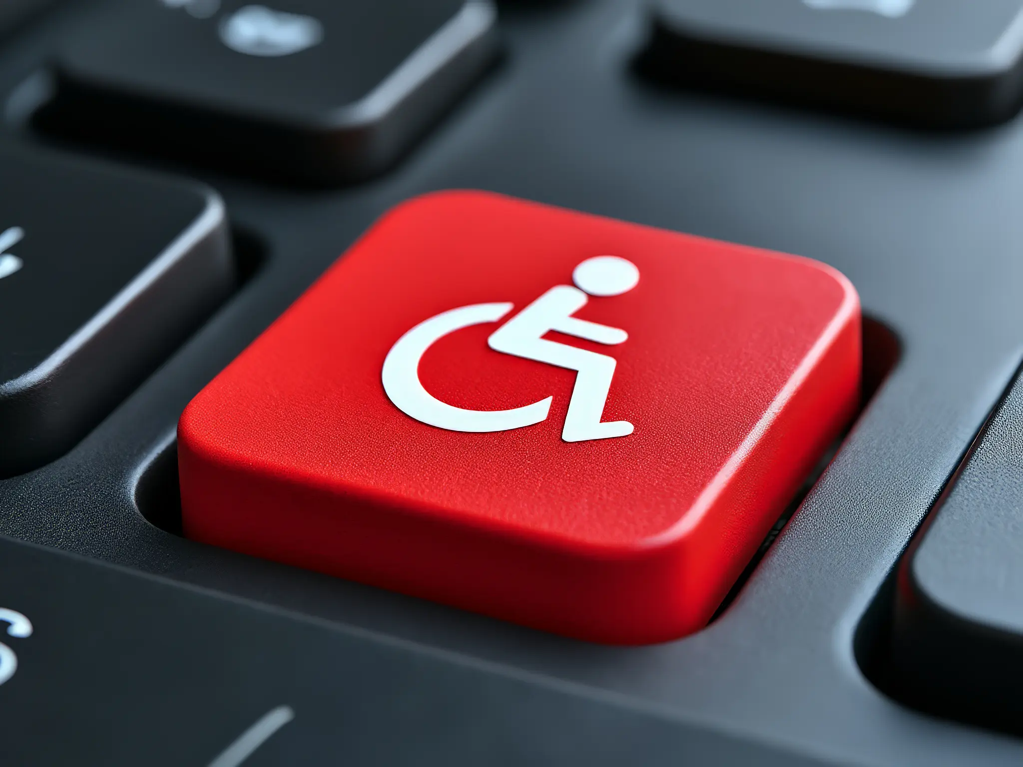 Clavier avec un bouton rouge et une icône blanche représentant une personne sur un fauteuil roulant